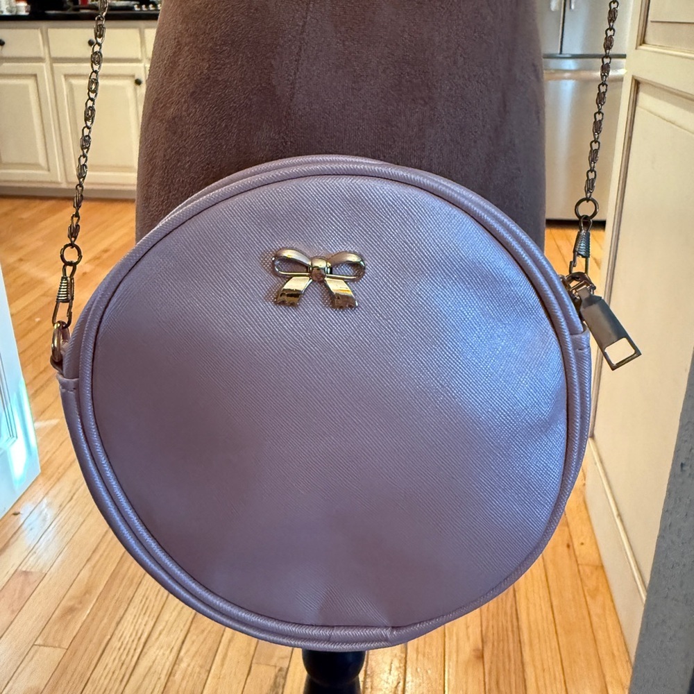 Elegant Pink  Round Bag with Gold Bow Accent and vtg style strap